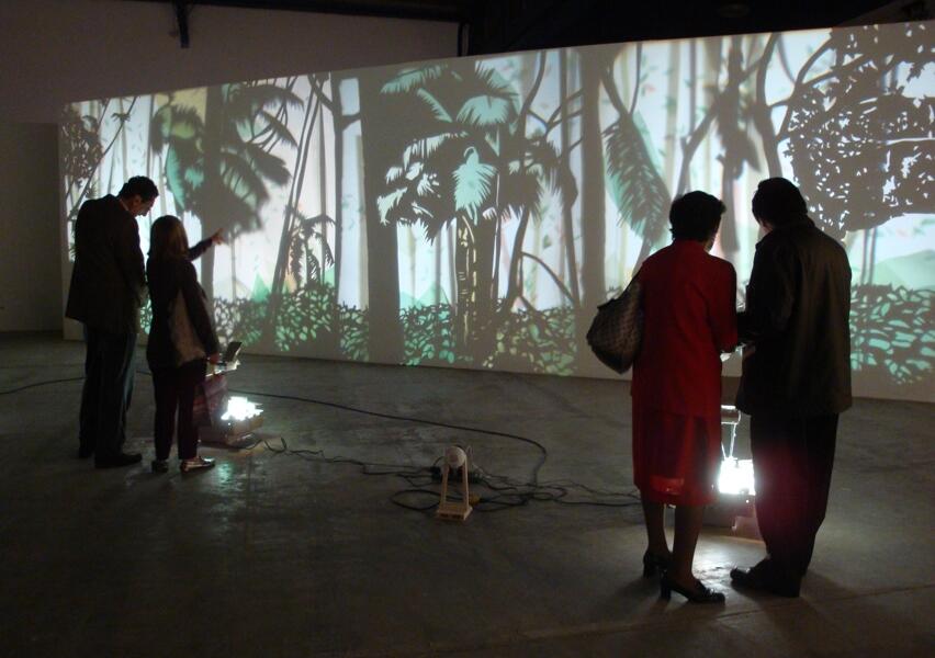 Angelica Teuta, 'Interior Forest' (Forest for inside 4 overhead projectors, paper templates, cellophane, basic engine, computer fans (16x6x4 meters aprox.), 2009