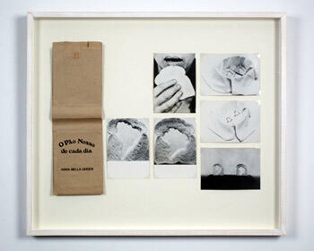 Anna Bella Geiger O pao nosso de cada dia, 1978 Bread bag and 6 postcards 24 ½ 28 3/8 in. (framed) Courtesy of the artist and Henrique Faria Fine Art, New York