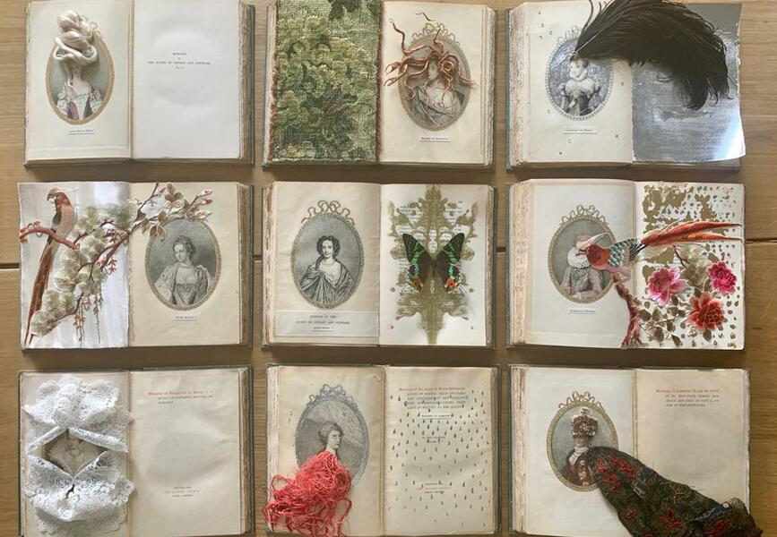 Marcela Marcuzzi Court Memoir, mixed media on rare antique books, installation. 2019.