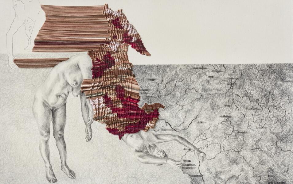 Romina Chuls, La montaña en sus venas, tejido anillado Paracas sobre dibujo, 86 x 130 cms, 2018.