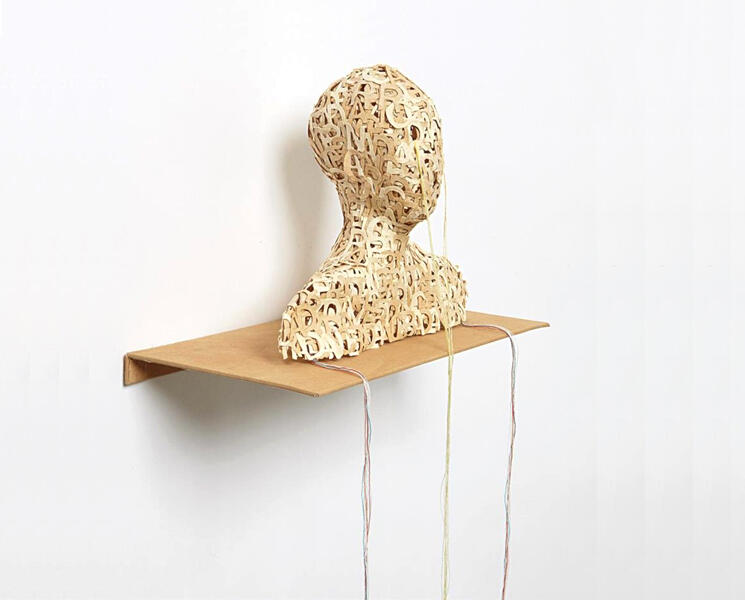 LESLEY DILL HEAD, 2003 cast, die-cut pigmented abaca paper letters with thread, stainless-steel shelf covered in tea stained muslin cloth, Edition of 25 6 x 7 x 3 1/2 in.  15.2 x 17.8 x 9 cm.