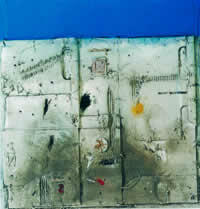 "Fachada clara con cielo azul", 47 x 45 cm, mixta s/tabla, 2001