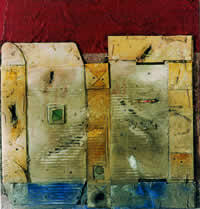 "Fachada ocre con cielo rojo", mixta s/tabla, 47 x 45 cm, 2001