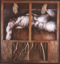 "Fragmentación", técnica mixta y ensamblajes, 110 x 130 cm, 2001