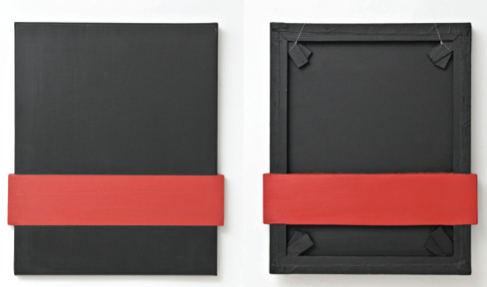 Black and Red Expanded Bichrome, (front and back shown), acrylic paint on and beyond canvas, 20 x 17 in., 2006-07. Courtesy Henrique Faría Fine Art, New York. Bicromo expandido negro y rojo, (visto de frente y de atrás) acrílico sobre y excediendo la tela, 50 x 44 cm., 2006-07. Cortesía Henrique Faría Fine Art, Nueva York.