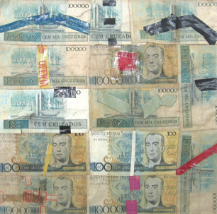 Blue Phase (Klee), 1995. Banknotes, buckram. 20 x 20 in. Courtesy the artist. Fase azul (Klee), 1995. Billetes, tela Buckram, 51 x 51 cm. Cortesía de la artista.