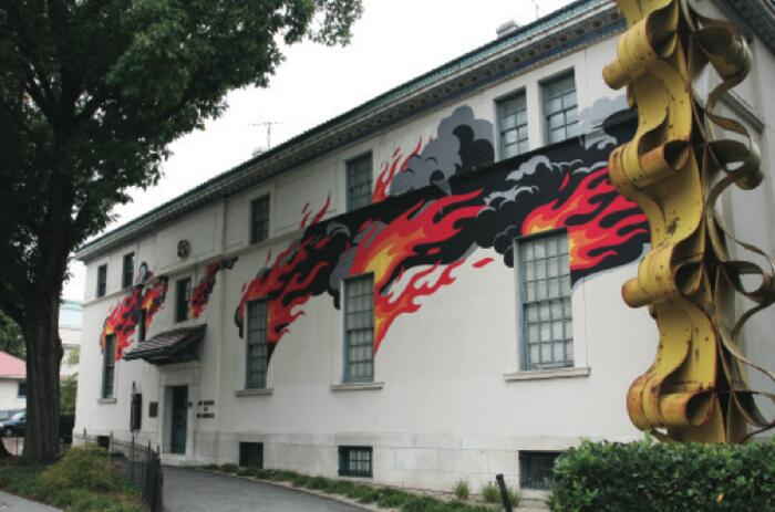Cristian Segura. Incendio en el museo/ Fire in the Museum, 2010. Vinyl and adhesive/Pintura vinílica y adhesivo. Dimensions variable/Dimensiones variables. Courtesy of the artist/Cortesía del artista, Tandil, Buenos Aires, Argentina. Cristian Segura. Incendio en el museo/ Fire in the Museum, 2010. Vinyl and adhesive/Pintura vinílica y adhesivo. Dimensions variable/Dimensiones variables. Courtesy of the artist/Cortesía del artista, Tandil, Buenos Aires, Argentina.
