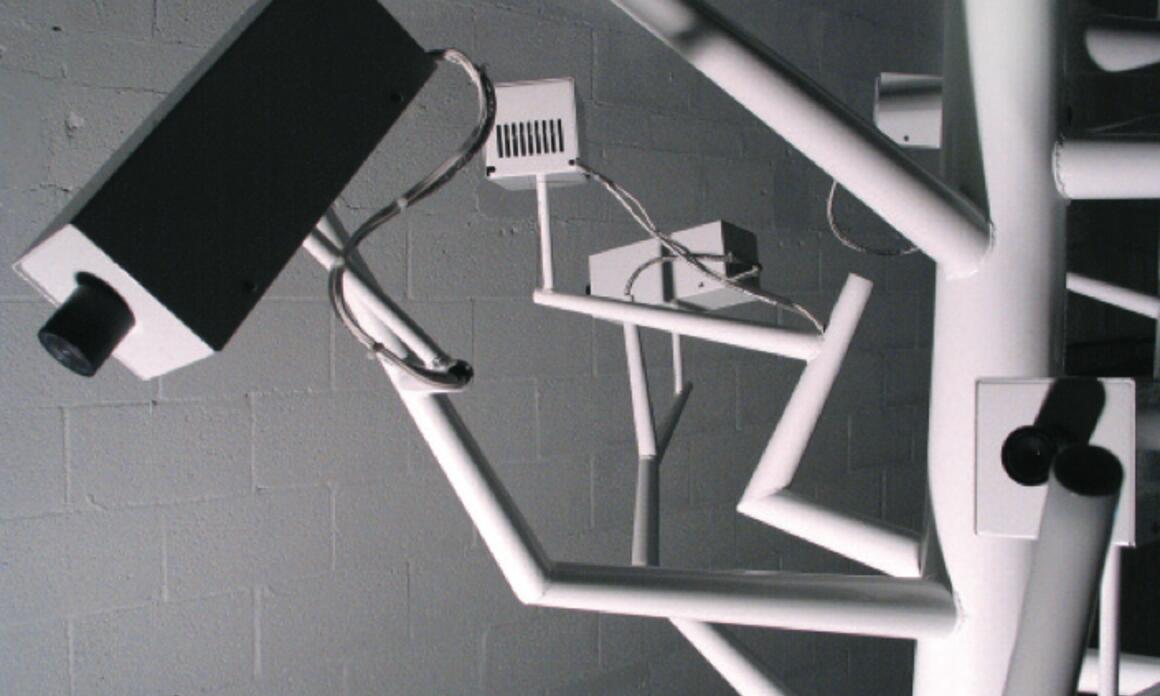 The Garden of Mistrust, 2003-2005. Aluminum, surveillance cameras and projectors, 157 x 71 in. Installation view (detail) Ellipse Foundation, Portugal, Spain. Images courtesy AlonsoArt, Photographer Gory. El jardín de la desconfianza, 2003-2005. Aluminio, cámaras de vigilancia y proyectores, 398,8 x 180,3 cm.. Vista de la instalación (detalle) Fundación Ellipse, Portugal, España.. Imágenes cortesía de AlonsoArt, fotógrafo Gory.