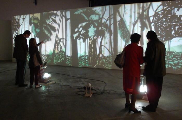 Angelica Teuta, 'Interior Forest' (Forest for inside 4 overhead projectors, paper templates, cellophane, basic engine, computer fans (16x6x4 meters aprox.), 2009 Angelica Teuta, 'Interior Forest' (Forest for inside 4 overhead projectors, paper templates, cellophane, basic engine, computer fans (16x6x4 meters aprox.), 2009