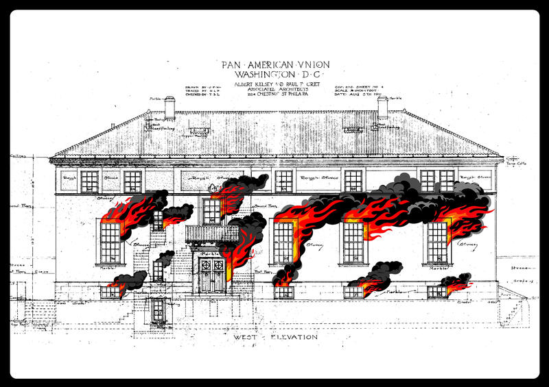 CRISTIAN SEGURA Incendio en el museo (fire in the museum), 2010  Vinyl and adhesive      Dimensions variable  Courtesy of the artist, Tandil, Buenos Aires, Argentina