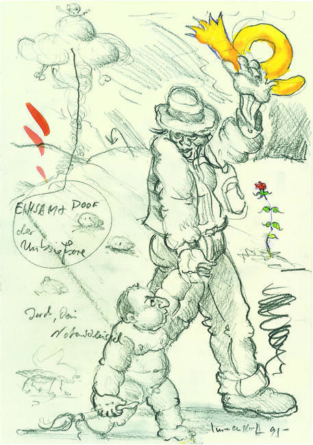 Jörg Immendorff (*1945 - 2007) SOLITARIO+BOBO el invencible Jörch, tu clave denotas 1995 Lápiz y acuarela sobre papel Colección del Deutsche Bank