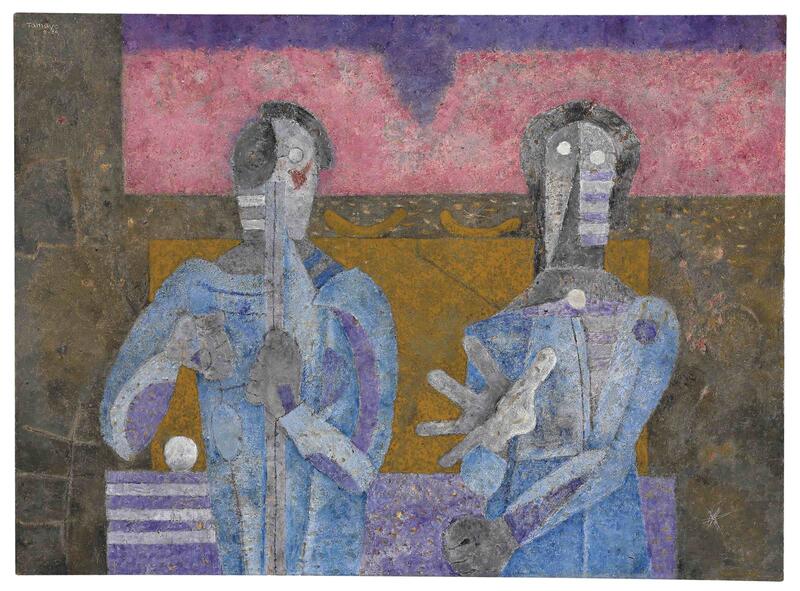 CHRISTIE'S IMAGES LTD. 2010. Rufino Tamayo (Mexican 1899-1991) Dos personajes signed and dated 'Tamayo, O-84' (upper left) and titled 'DOS PERSONAJES' (twice on the reverse) also dedicated (on the reverse) oil and sand on canvas 37½ x 51 1/8 in. (95.2 x 130 cm.) Painted in 1984. Estimate: 400,000 - 600,000 U.S. dollars Price Realized: 842,500 U.S. dollars 