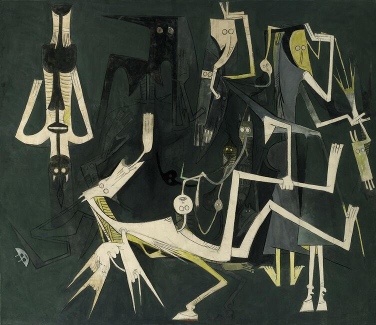 Sotheby’s New York  Latin American Art  16 & 17 November 2010. Lot 14  Wilfredo Lam  Les Abalochas Dansent Pour Dhambala, dieu l’unité  Oil on canvas  1970  83 7/8 x 96 in., 213 x 244 cm.  Est. $1.75/2.25 million  Sold for $2,154,500   
