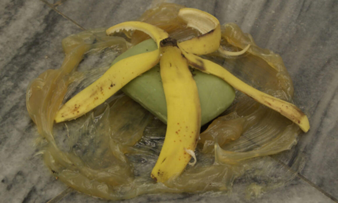 Grease, soap, banana skins, 9.8 in. in diameter, approx. Grasa, jabón, cáscara de plátano, 2006. 25 cm de diámetro, aprox.