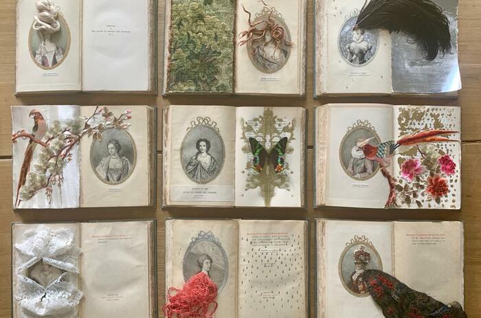 Marcela Marcuzzi Court Memoir, mixed media on rare antique books, installation. 2019.