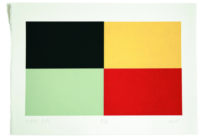 Pablo Uribe Croma, 2015 (Miguel Angel Pareja, Formas sobre fondo rojo) Serigrafía sobre papel 25 x 35 cm Pablo Uribe Croma, 2015 (Miguel Angel Pareja, Formas sobre fondo rojo) Serigrafía sobre papel 25 x 35 cm