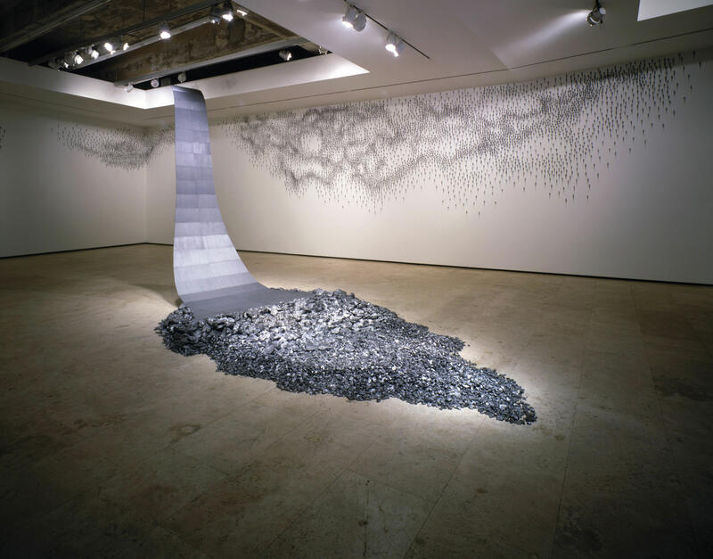 Teresita Fernández, Drawn Waters (Borrowdale) 1, 2009. Natural and machined graphite on steel armature. Installation view: Lehmann Maupin, New York, NY, 2009.