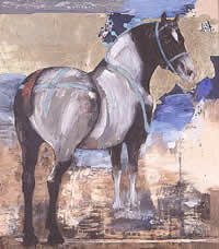 "Caballo Guerrero", pigmentos naturales, hojilla de oro sobre madera.