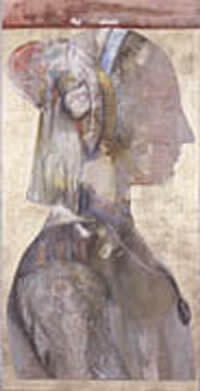 "(Portrait) Variation III on Piero Della Francesca", natural picments and gold on wood, 180 x 90 cm, 2001