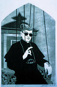 Adrián Arguedas  (Costa Rica), "El Brindis", 1991, Woodcut, 44 x 22 in.