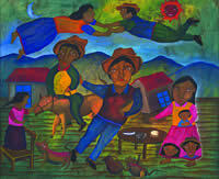 Román Andrade Llaguno (México), "Encuentro en el cielo", 1994, Gouache on amate, 22 x 27 in.